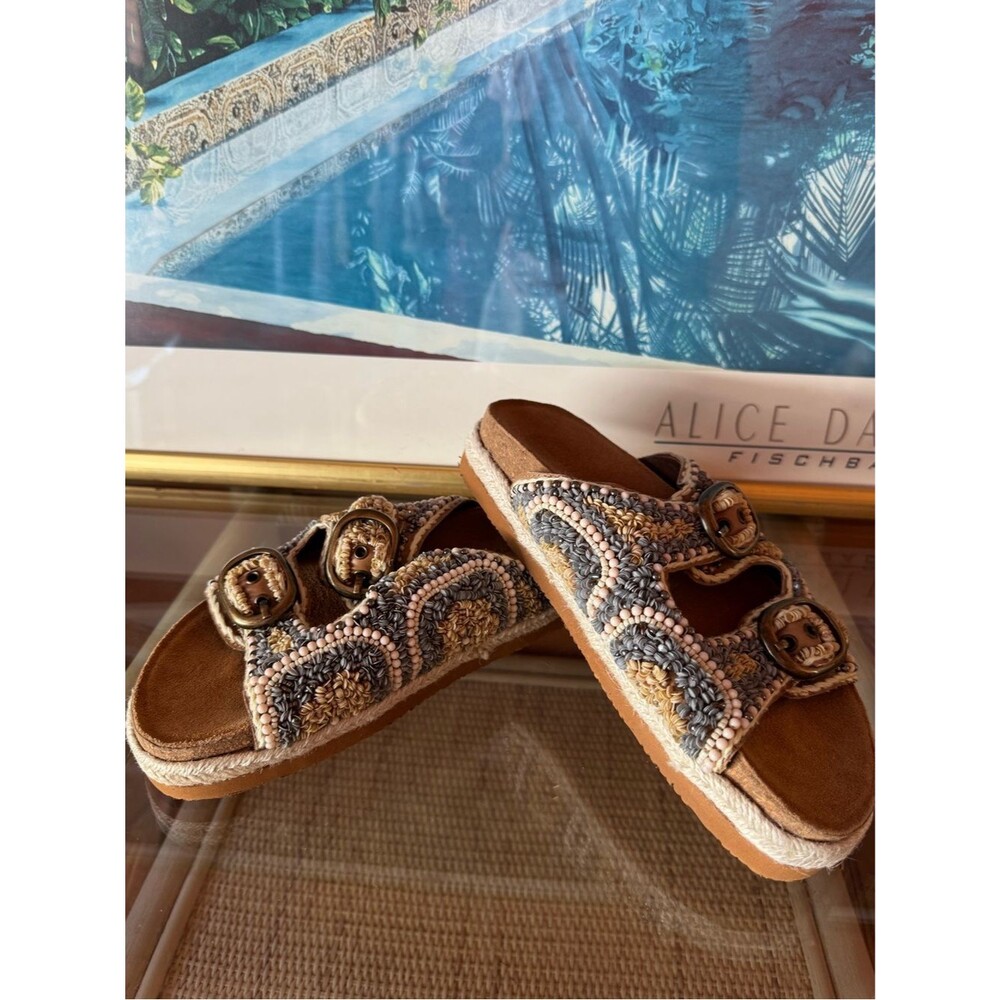 House of Harlow 1960 Beaded Double Buckle Slide Sandals Size 7.5